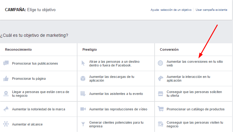 campaña conversiones sitio web facebook